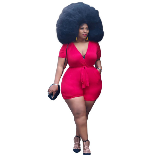 Plus Size Deep-V Red Sexy Tie Waist Bodycon Rompers
