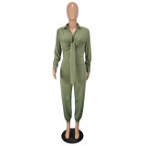Pure Solid Leisure Deep-V Tie Front Jumpsuit