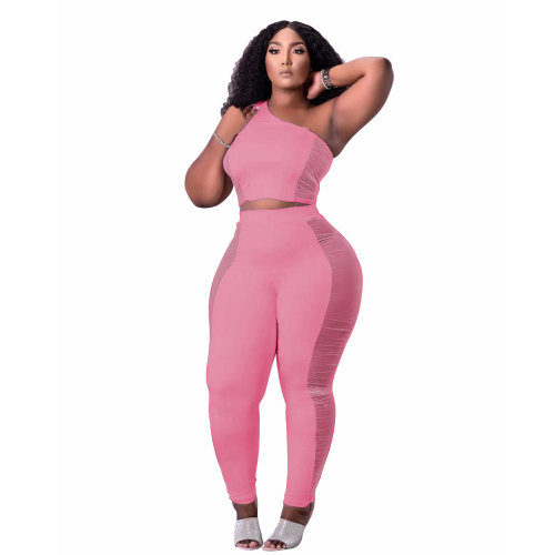 Pink Mesh Panel Sexy One Shoulder Crop Top and Pants Set