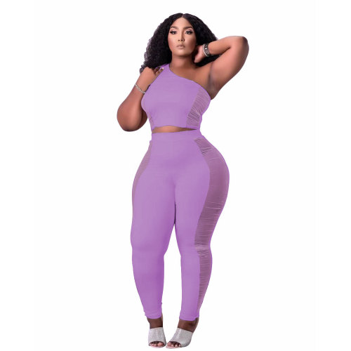 Purple Mesh Panel Sexy One Shoulder Crop Top and Pants Set