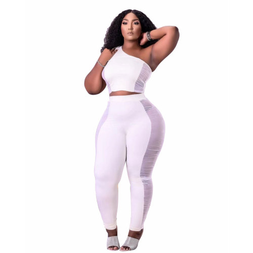 White Mesh Panel Sexy One Shoulder Crop Top and Pants Set