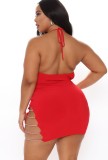 Sexy Red Hollow Out Low Back Halter Mini Club Dress
