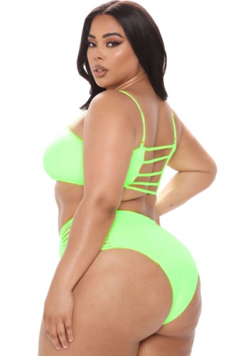 Plus Size Green High Waist Hollow Out Strappy Swimwear