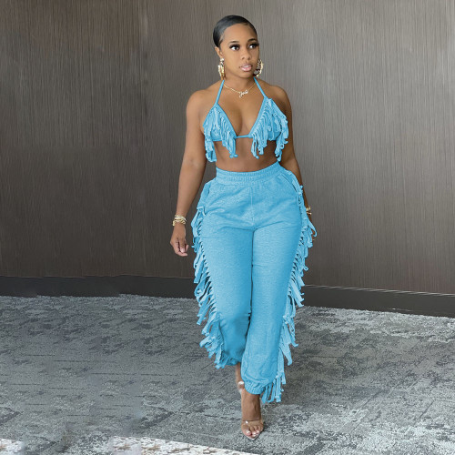 Light Blue Sexy Tassels Bra and Pants Two Piece Outfits
