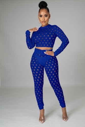 Blue Sexy Hollow Out Long Sleeve Crop Top and Pants Bodycon 2PCS Set