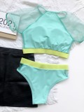 Contrast Mesh Panel High Waisted Short Sleeves 2pcs Swimwear