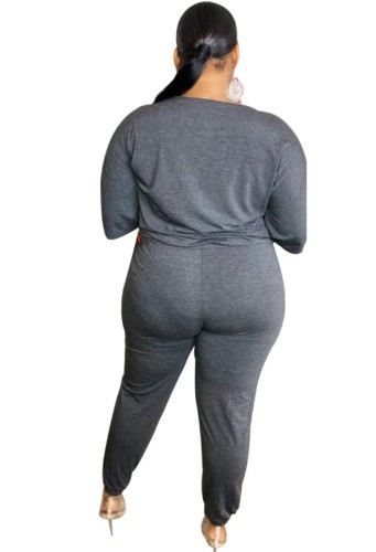 Plus Size Grey Button Trim Casual Jumpsuit