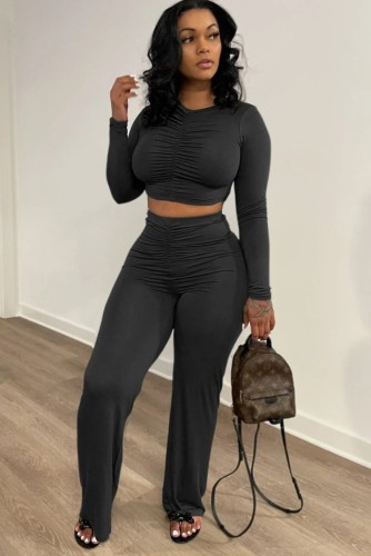 Black Ruched Long Sleeve Crop Top and Pants Two Piece Outfits