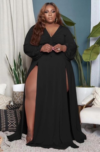 Plus Size Black High Slit V-Neck Long Sleeve Maxi Dress