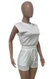 O-Neck White Sleeveless Crop Top and Shorts Set