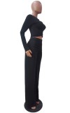Black Ruched Long Sleeve Crop Top and Pants Two Piece Outfits