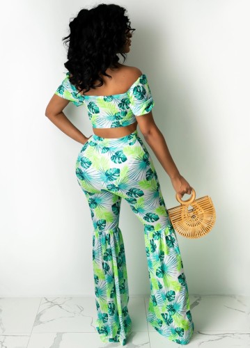 Print Matching 2PCS Green Tie Front Crop Top and Flare Pants