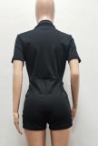 Casual Black Short Sleeve Tight Zip Up Collar Rompers
