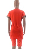 Casual Plus Size Orange V-Neck Tee and Shorts Set with Contrast Patch