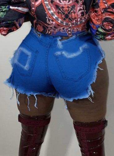 Sexy High Cut Dark Blue High Waist Fringe Denim Shorts