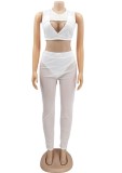 Two Piece White Mesh Splicing Sexy Crop Top and Pants
