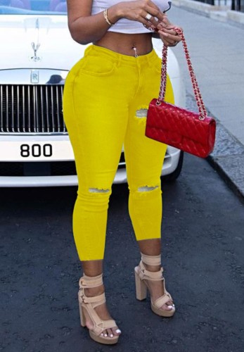 Tight Yellow Jeans with Colorful Lace Up Back
