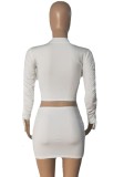 White Drawstrings Long Sleeve Crop Top and Ruched Mini Skirt Set
