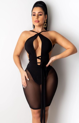 Black Sexy Backless Halter Mesh Patch Bodycon Dress
