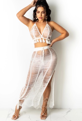 Sexy White Hollow Out Tassel Halter Bra and Slit Long Skirt Knit Two Piece Cover Up