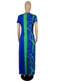 V-Neck Print Blue Casual Loose Maxi Dress