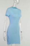 Blue Short Sleeve Ribbed Mini Dress