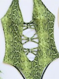 Green Snakeskin Print One Piece Lace Up Swimsuit