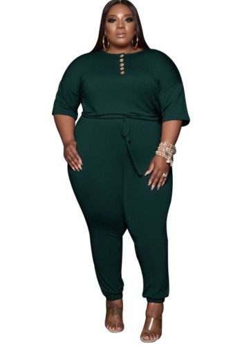 Plus Size Dark Green Button Trim Casual Jumpsuit