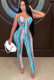 Print Striped Sexy Cutout Tie Front Cami Bodycon Jumpsuit