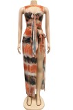 Tie Dye Side Slit Hollow Out Sleeveless Long Dress Beach Cover Up