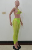 Green Hollow Out Mesh Bra and Pants Two Piece Beachwear
