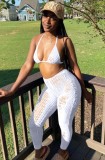 White Hollow Out Mesh Bra and Pants Two Piece Beachwear