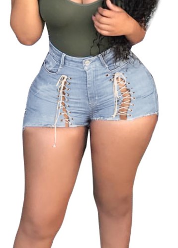 Sexy Lace Up Light Blue High Waist Stylish Denim Shorts