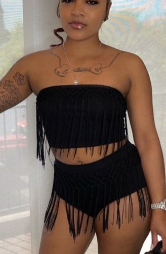 Sexy Two Piece Black Tassels Strapless Crop Top and Shorts Set