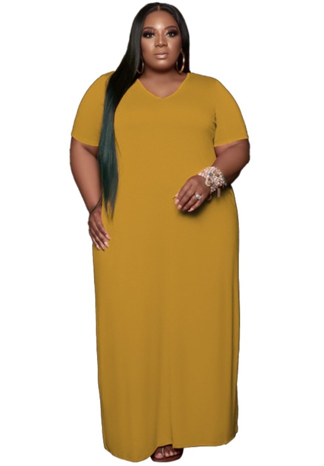 Plus Size Yellow V-Neck Loose Maxi Dress