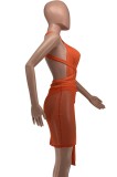 Orange Sexy Backless Halter Mesh Patch Bodycon Dress