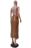 Sexy Brown Ripped Tassel Crop Top and Slit Long Skirt Knit Cover-Up 2PC Set