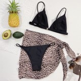 Black Bikini Set With Leopard Skirt Cover Up 3PCS