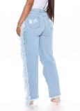 Trendy Tassels Cut Out Ripped Holes Blue Jeans
