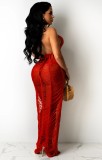 Sexy Red Knit Hollow Out Backless Maxi Beach Dress Cover Up