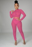 Pink Sexy Hollow Out Long Sleeve Crop Top and Pants Bodycon 2PCS Set