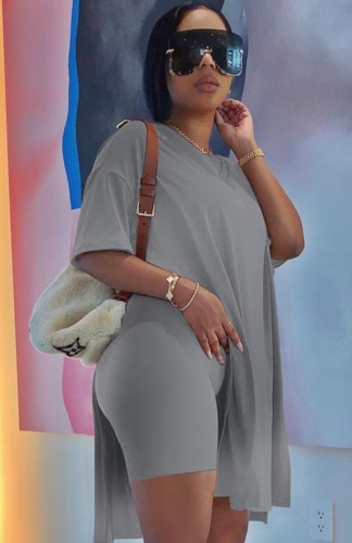 Grey Side Slit Long Top and Biker Shorts Two Piece Solid Set