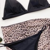 Black Bikini Set With Leopard Skirt Cover Up 3PCS