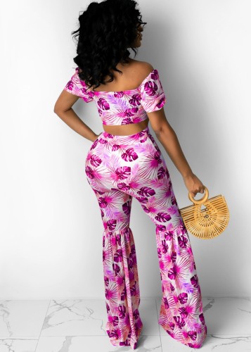 Print Matching 2PCS Pink Tie Front Crop Top and Flare Pants