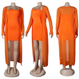 Sexy Orange Strapless Bodycon Dress with Long Cardigan