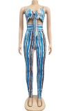 Print Striped Sexy Cutout Tie Front Cami Bodycon Jumpsuit