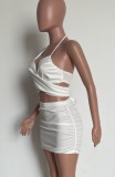 Sexy White Ruched Wrap Halter Crop Top and Mini Skirt Set