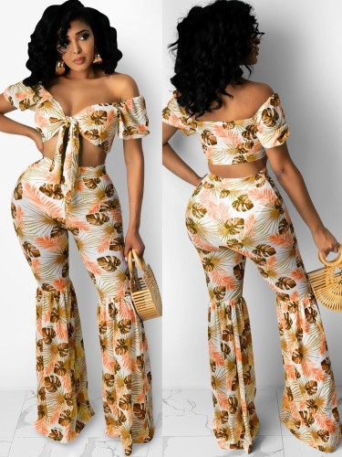 Print Matching 2PCS Yellow Tie Front Crop Top and Flare Pants