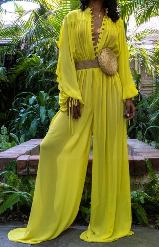 Sexy See Through Yellow Wide Leg Jumpsuit