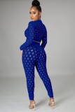 Blue Sexy Hollow Out Long Sleeve Crop Top and Pants Bodycon 2PCS Set